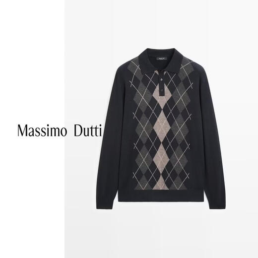 Massimo Dutti new season special 2026 men's classic retro diamond pattern high-end Polo collar long-sleeved sweater 01190218 Navy Blue M (180/96A)
