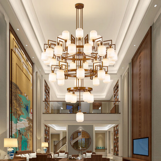 OPPLE New Chinese style large chandelier living room high ceiling hotel box engineering lamp covered building multi-story villa Chinese style lamps black glass lampshade 19 heads (three layers) with three-color light source