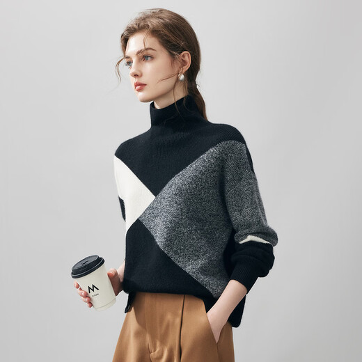 Komenboka 2025 new autumn and winter color block splicing cashmere sweater women's turtleneck sweater loose bottoming sweater Midnight Black M