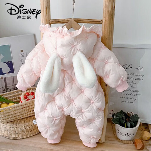 Disney's thickened baby jumpsuit cotton winter clothing new winter baby romper super cute going out for 100 days outing clothing children big ear lace hat thickened and velvet outing clothing - pink 73cm 73 size (3-6 months 16Jin Jin equals within 0.5kg)