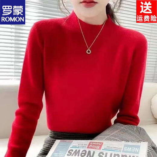 ROMON Half Turtleneck Sweater Women's New Autumn and Winter Knitted Sweater Slim Fit Bottoming Shirt Versatile Western Style Tight Top Brown S 80-95Jin Jin is equal to 0.5 kg