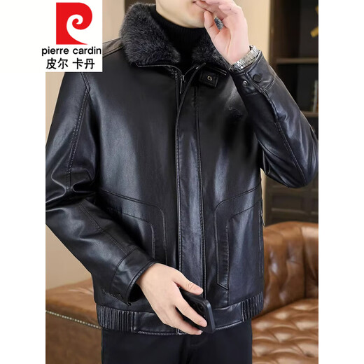 Pierre Cardin winter plush leather jacket men's Haining mink fur collar short leather jacket winter new dad jacket black no cracking no peeling L