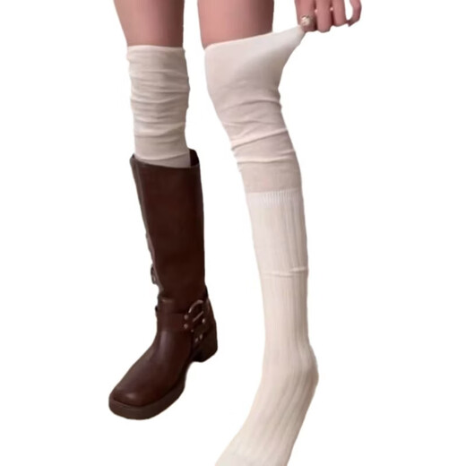 Over-the-knee socks for women, autumn and winter double-needle stockings for women, milk white high stockings, thigh socks, Japanese ladies splicing pile socks, beige one pair, one size fits all