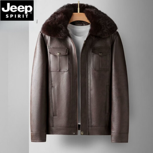 JEEP SPIRIT Jeep Haining middle-aged and elderly velvet genuine leather jacket large size men's velvet thickened winter dad 50 coat fur collar 60 pickle brown free fur collar 2025 L 175/92A recommended 110-125Jin Jin equals 0.5 kg