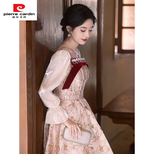 Pierre Cardin Engagement Dress Women 2025 New Style Spring Long-Sleeved Toast Wear Bridal Fashion Slim Dress Champagne 2XL