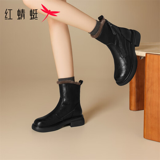 Red Dragonfly Short Boots for Women British Style Versatile Velvet Thickened Snow Boots Warm Winter 2025 New Black Velvet Heel Height 4.1cm 35 (225mm)
