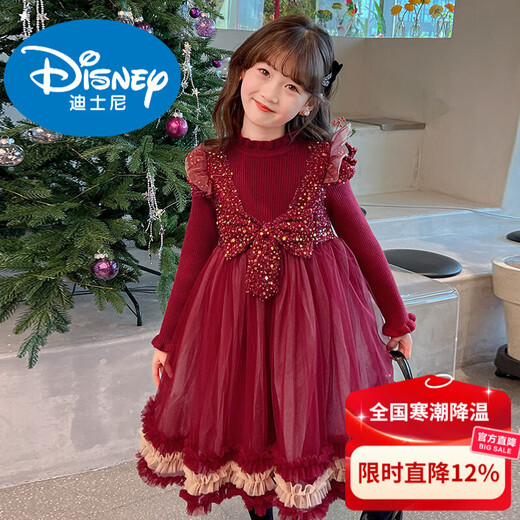 Disney girls autumn and winter velvet dress fashionable princess skirt girls New Year's greetings winter clothes big children New Year red red 130 cm