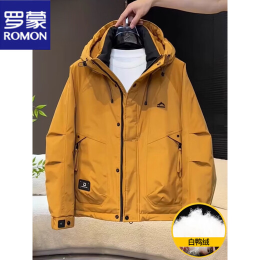 罗蒙（ROMON）短款羽绒服男士2025冬季新款宽松户外鸭绒保暖工装冲锋衣外套男 姜黄色  罗蒙正品 M 建议体重100-125斤