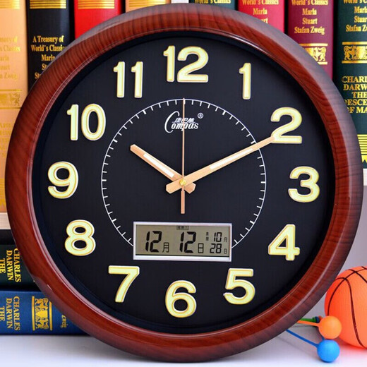 Combas clean sound clock quartz clock home ultra-clean sound wall clock living room bedroom wall hanging decorative art clock watch wood grain black luminous model 38 cm diameter 38 cm