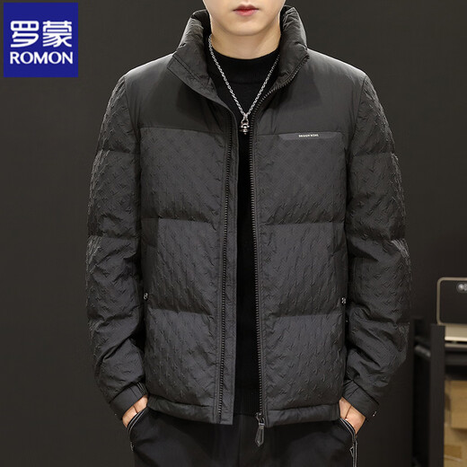Новый зимний мужской пуховик ROMON 90 с белым утиным пухом высокого класса с воротником-стойкой, повседневная утолщенная теплая куртка для молодежи и среднего возраста, тренд черного цвета, высококачественный 90 утиный пух XL 180, подходит для веса 140-160 Джин Джин равен 0,5 кг