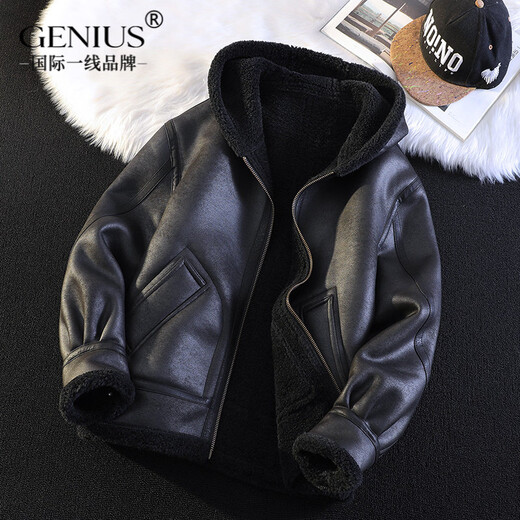 GENIUS international first-line brand fur integrated men's winter hooded velvet thickened leather jacket short motorcycle jacket leather jacket for men black L 115-130Jin Jin is equal to 0.5 kg