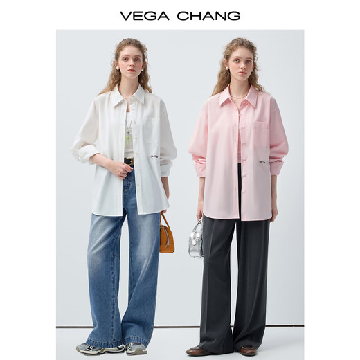 VEGA CHANG Pink Shirt Embroidery Contrast Color Embroidered Commuting Shirt Women 2026 New Spring Simple Shirt Rose Pink S