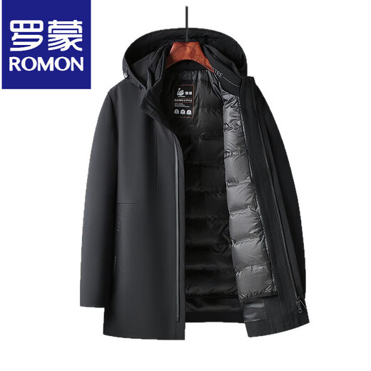 ROMON Dad's New Down Jacket Men's Removable Liner Mid-Length 90 New National Standard White Goose Down Thickened Winter Outer Black M 170/