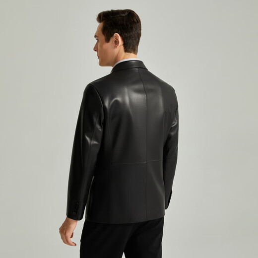 SATCHI suit collar double-breasted solid color business casual British style soft and comfortable leather jacket men's black black one size 48