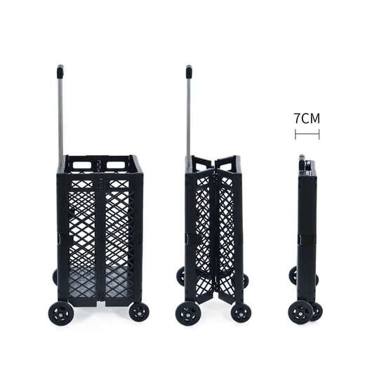 Wing Fantasy hand-pulled shopping cart that can easily climb stairs and is designed with a trolley for outings. Grid style. Black four wheels.