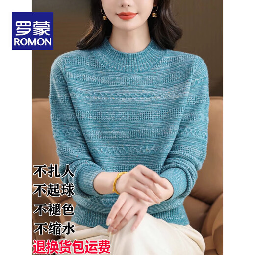 ROMON high-end half-turtleneck woolen sweater for women in autumn and winter new fashionable inner sweater fashionable age-reducing base sweater 100% pure wool-pink-Puyuan woolen sweater S suitable for 40-45 kg