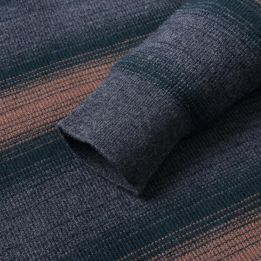 Bosssunwen 100% sheep wool new spring style skin-friendly breathable contrast jacquard men's long-sleeved round neck cardigan gray striped M