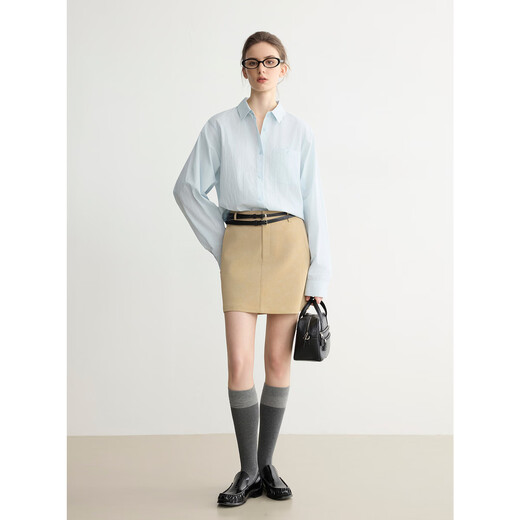 ELLE blue high-end loose long-sleeved shirt for women 2026 spring new lapel commuter style fashionable shirt blue S