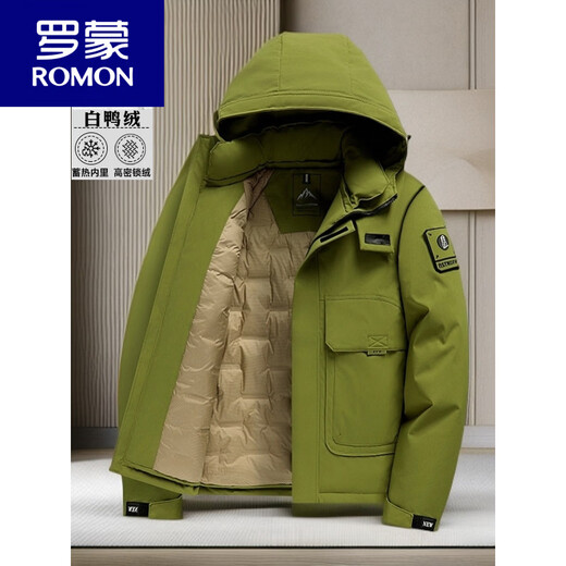 罗蒙（ROMON）冬季男士工装90白鸭绒羽绒服冬连帽冲锋衣户外保暖中青年外套 绿色 XL 180 建议120-135斤