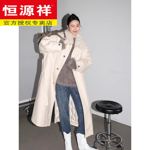 恒源祥2026冬季高端长款风衣女90白鹅绒大翻毛领羽绒服女加厚宽松派克服 白色 XS