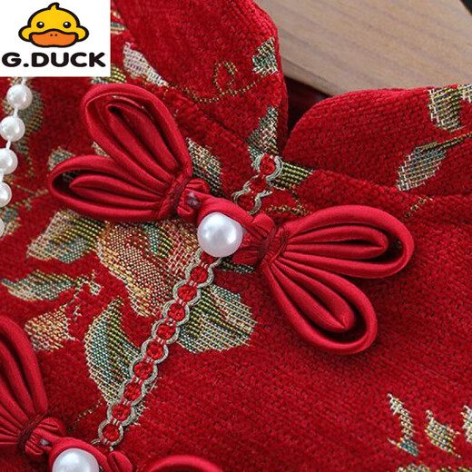 G.duck girls dress autumn and winter thickened children's national style festive New Year's greetings baby girl baby princess skirt plus velvet red 73 about height 65 cm