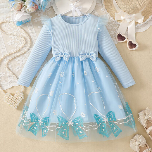Foreign trade girls spring and autumn dress autumn 2025 children's clothing girls skirt bow mesh princess dress pink 110 cm 4-5