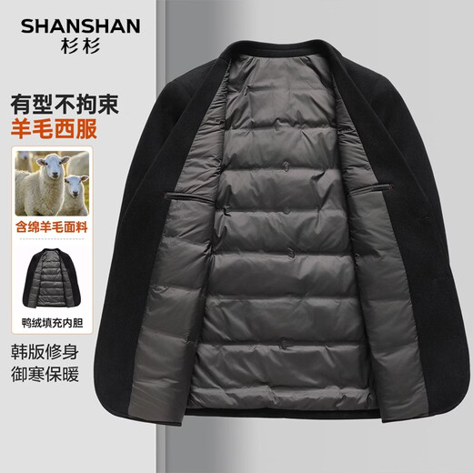 SHANSHAN Shanshan Men's Plush Suit with Wool Jacket Business Casual Versatile Warm 90 Duck Down Woolen Suit Jacket Black 56/195