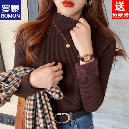 ROMON thickened one-piece velvet 2022 new winter sweater for women with fungus edge knitted bottoming shirt, warm and versatile inner top, white S