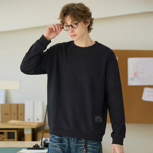 TonLion 2026 Spring New Men's Spliced Round Neck Sweatshirt Design Black American Heavyweight Fashion Brand Loose Men