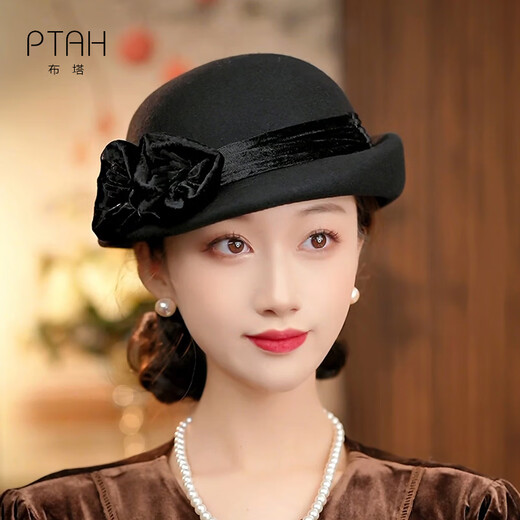 Buta autumn and winter woolen hat small top hat British retro ins style woolen beret stereotyped hat temperament retro hat black