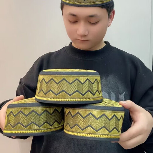 Hanqi Hui men's hat for worship, men's fine embroidery ethnic minority Xinjiang hat flat top embroidery cm embroidery black 55