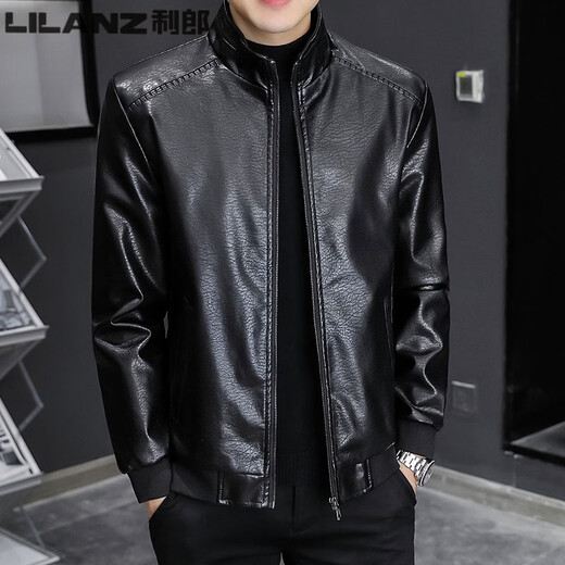 利郎（LILANZ）秋冬加绒加厚男士立领皮衣外套韩版宽松皮夹克简约潮流休闲机车服 黑色  单 L