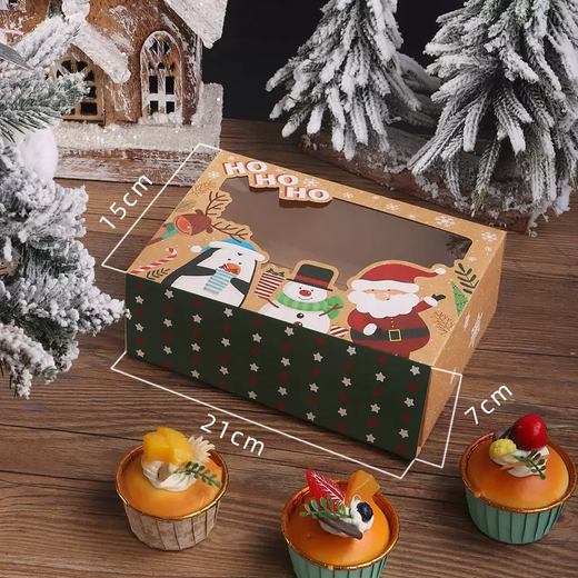 Yusenyi Christmas donut dessert packaging box cup cake box window transparent mousse dessert packaging box egg tart box kraft paper Santa Claus snowman 10 pieces
