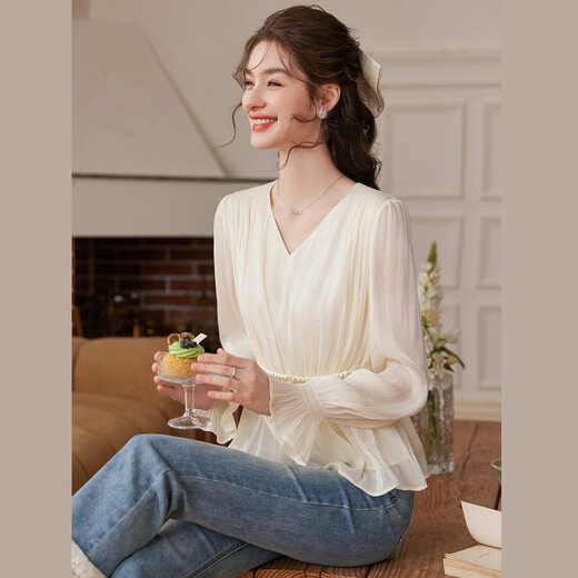 Bailuyu temperament V-neck waist shirt 26 spring new style gentle French ruffle top for women apricot L