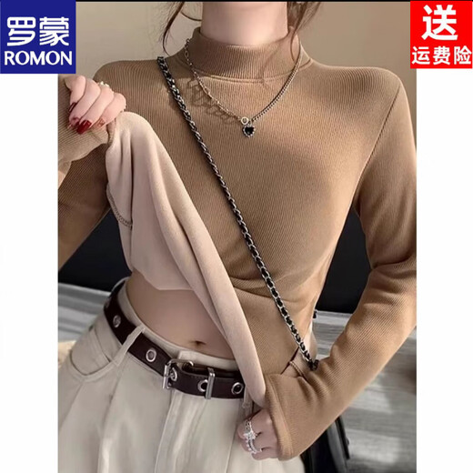 ROMON bottoming shirt 2026 new velvet thickened half-high collar solid color women's winter simple long-sleeved high-elastic top mid-collar off-white M 70-90Jin Jin equals 0.5 kg