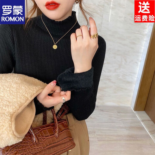 ROMON thickened one-piece velvet 2022 new winter sweater for women with fungus edge knitted bottoming shirt, warm and versatile inner top, white S