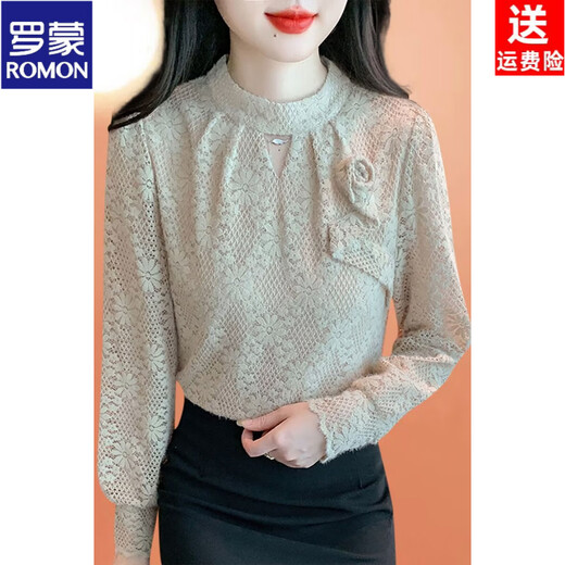ROMON autumn and winter fashionable half turtleneck lace bottoming shirt for women new style with velvet thickened warm top and small shirt khaki regular style S 80-90Jin Jin is equal to 0.5 kg