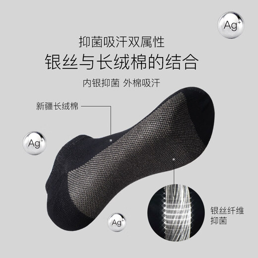 AUN (AUN) fifth generation deodorant socks men's boat socks real silver thread summer thin sweat-absorbent breathable socks cotton socks men's silver thread boat socks black and silver (package) 2 pairs one size fits all silver thread deodorant fifth generation deodorant socks