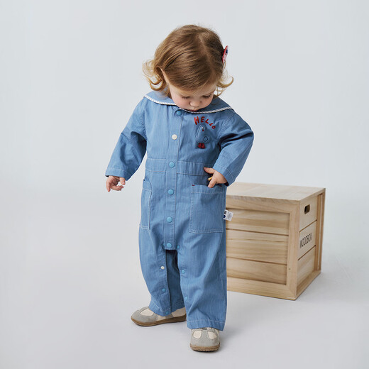 Minibala baby clothes for men and women, soft imitation denim jumpsuits, outdoor rompers, spring new style, denim light blue 88101 90cm