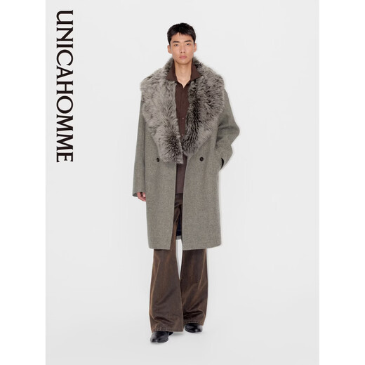 UNICA HOMME detachable fur one-collar wool tweed lapel coat amber beige coat S ready for delivery within 48 hours