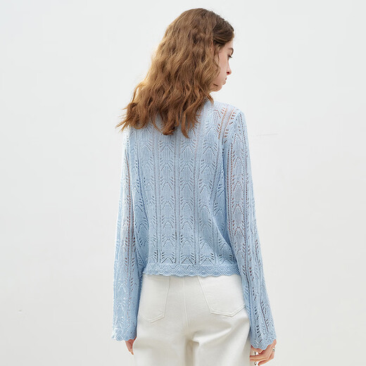 Chuyu Lyocell Linen Sweater Women's 2026 Spring New Hollow Retro Romantic Bell Sleeve Top Light Blue S
