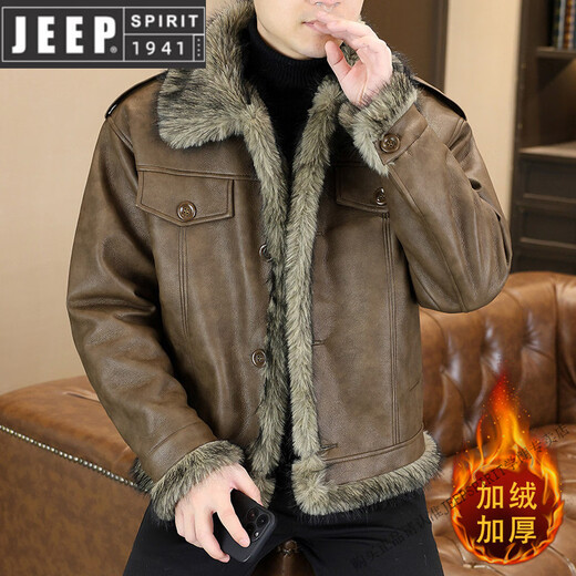 JEEP SPIRIT winter high-quality velvet thickened leather jacket fur one-piece American retro large size fashion casual new 5606 brown M 90105