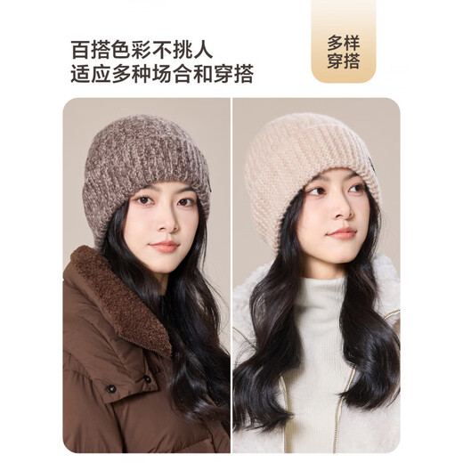 JIUMU wool hat for women in autumn and winter, warm and versatile, ear-protecting knitted toe-head woolen hat, face-showing baby cold hat, floral coffee color, one size fits all (56-60cm)