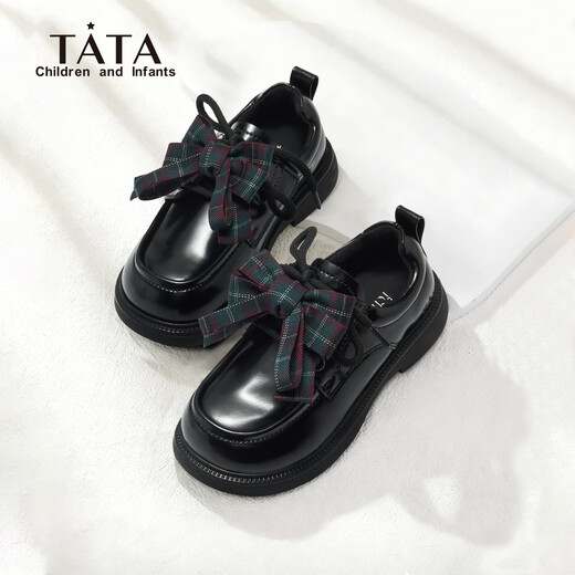 Tata (TATA) children's small leather shoes girls' loafers spring new beautiful black children's shoes little girl soft sole princess shoes TT6144 black 28