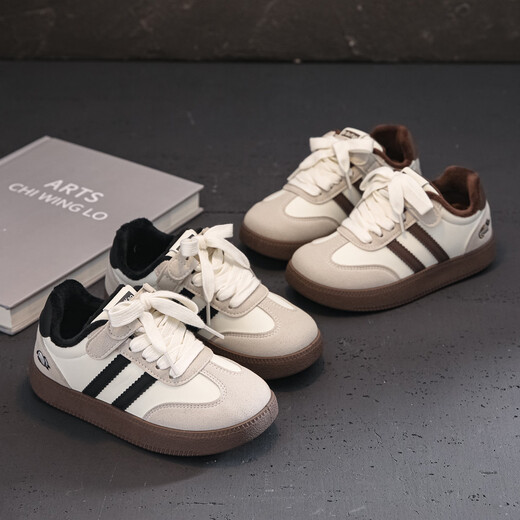ABJA versatile soft-soled children's moral training shoes for boys and girls, children's casual shoes 2025 winter new plus velvet two-cotton sneakers, beige 32