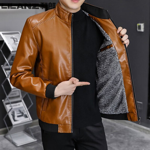 利郎（LILANZ）秋冬加绒加厚男士立领皮衣外套韩版宽松皮夹克简约潮流休闲机车服 黑色  单 L
