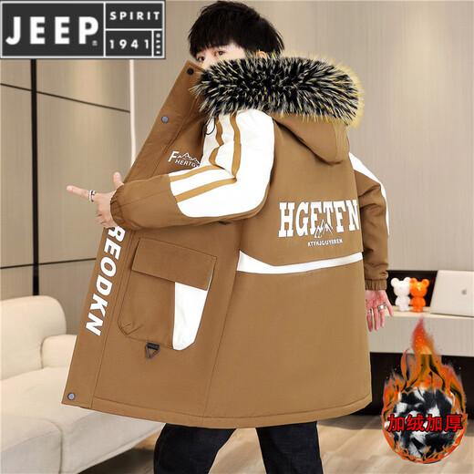 JEEP SPIRIT秋冬季新款中长款风衣男士加绒加厚连帽外套保暖派克服 23A19黑色中长款 加 绒加 厚 XL 125-145斤