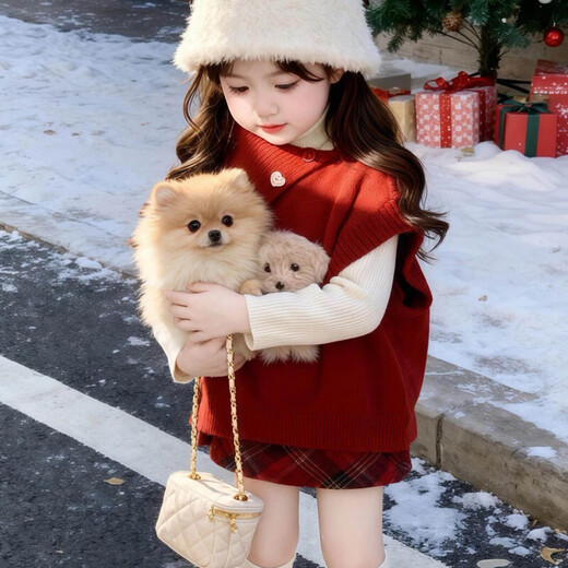 FHHUABD girls suit autumn and winter red cute knitted cape sweater red plaid skirt Christmas and New Year clothes single skirt 100 cm suitable for height 90-100cm