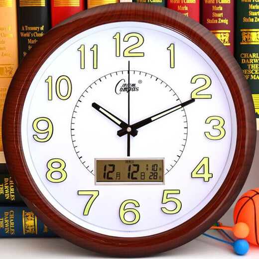 Combas clean sound clock quartz clock home ultra-clean sound wall clock living room bedroom wall hanging decorative art clock watch wood grain black luminous model 38 cm diameter 38 cm