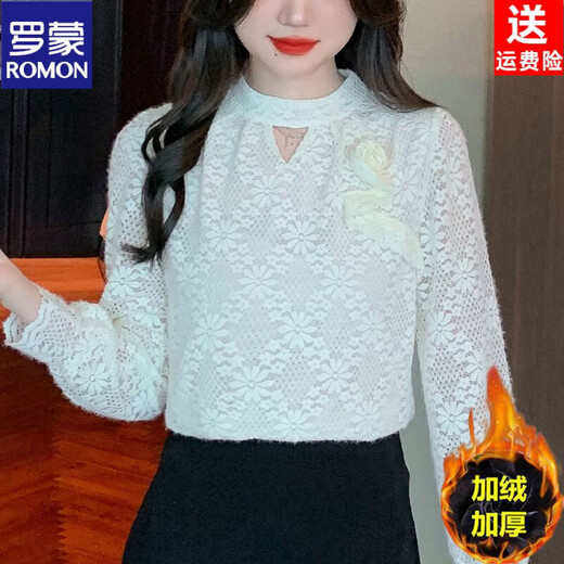 ROMON autumn and winter fashionable half turtleneck lace bottoming shirt for women new style with velvet thickened warm top and small shirt khaki regular style S 80-90Jin Jin is equal to 0.5 kg
